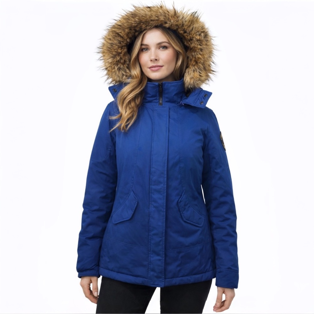 [s] Toboggan Down Parka Emma Blue Faux Fur Hood Women’s Medium Fits Small
